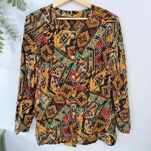 Vtg Elizabeth Williams Blouse Button Up Earthcore Aztec Tribal Gold Lightweight